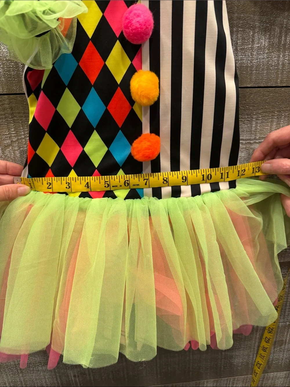Weissman’s child M dance/skating Neon Harlequin Clown Costume Dress with Pom Pom